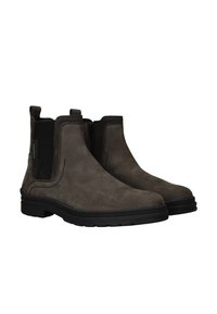 Grijze suède Chelsea boots met elastische zijpanelen en een zwarte rubberen zool. Kenmerkt zich door een gladde textuur en een klassieke enkelhoogte.
