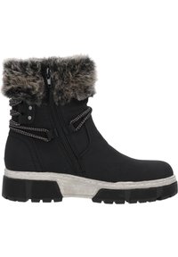 Svarta ankelstövlar med fuskpälskrage, sidodragkedja och flätade snören. Har en texturerad gummisula och förstärkt häl för stabilitet.