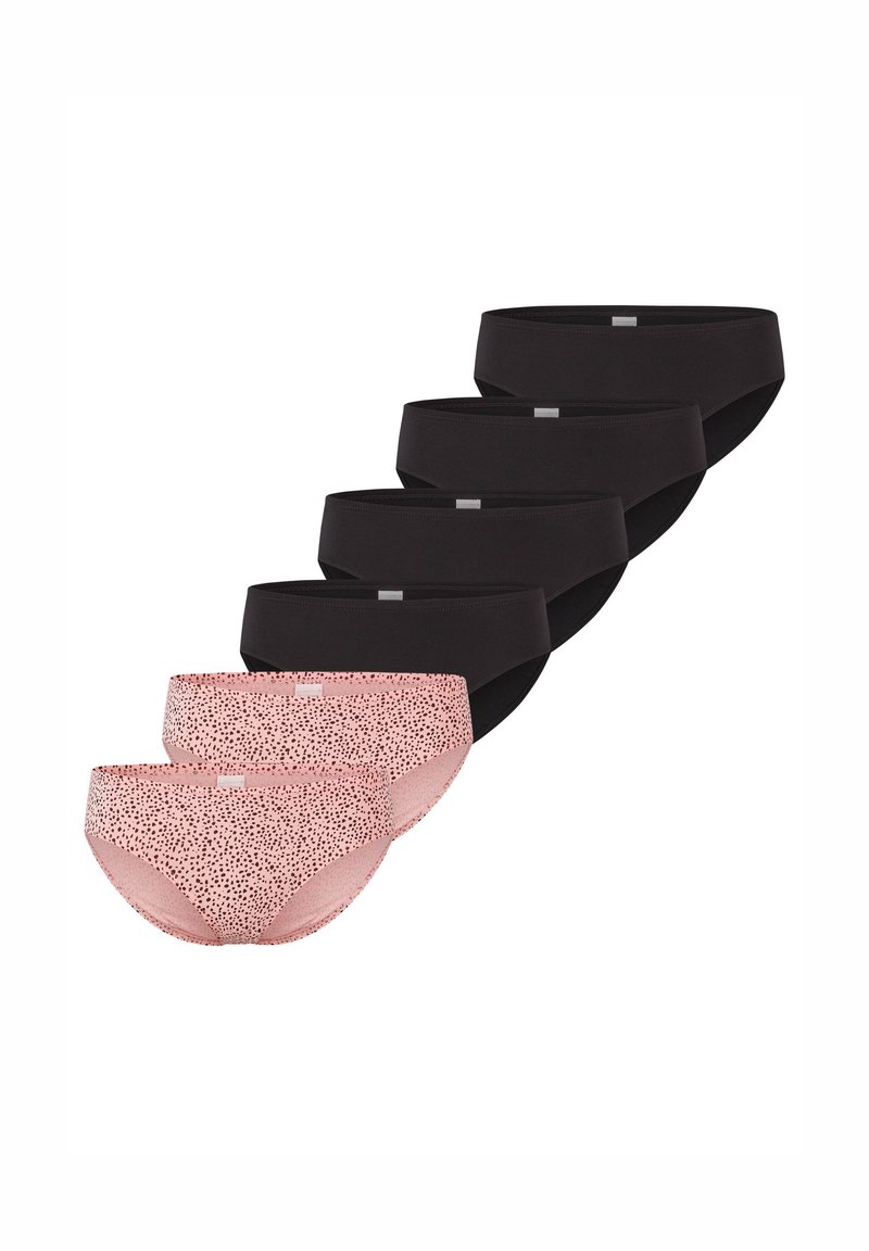 Sechserpack Damenunterwäsche. Enthält drei schwarze Paare und drei pinke Paare mit einem schwarzen Punktmuster. Hergestellt aus weichem, dehnbarem Material.
