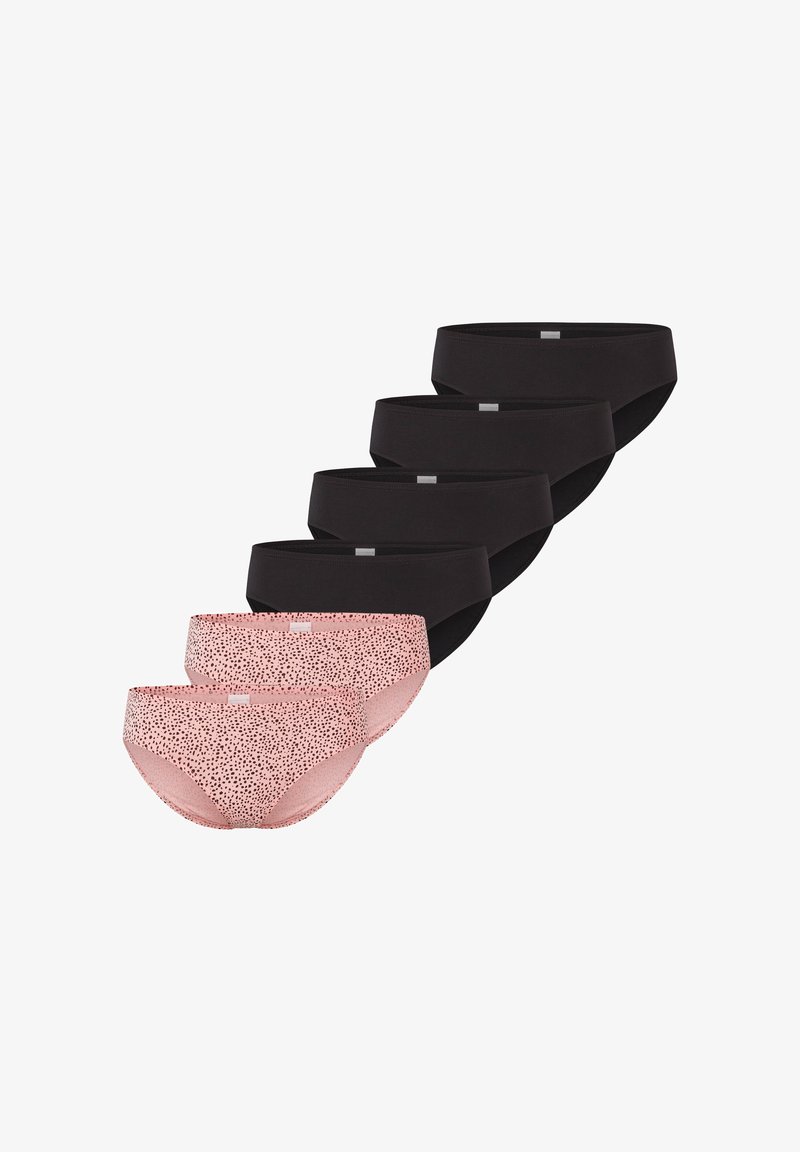 Lot de six culottes pour femmes. Comprend trois paires noires et trois paires roses avec un motif de pois noirs. Fabriqué en tissu doux et extensible.