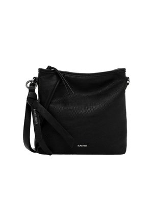 Borsa a tracolla in pelle nera con finitura testurizzata, chiusura con zip e tracolla regolabile. Presenta un logo discreto sul fronte.