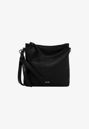 Borsa a tracolla in pelle nera con finitura testurizzata, chiusura con zip e tracolla regolabile. Presenta un logo discreto sul fronte.