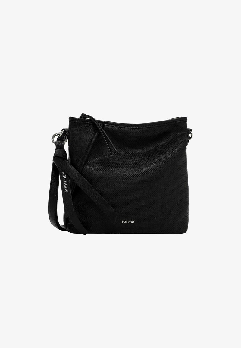 Borsa a tracolla in pelle nera con finitura testurizzata, chiusura con zip e tracolla regolabile. Presenta un logo discreto sul fronte.