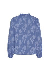 Lyseblå langærmet bluse med blomstermønster, tekstureret stof, flæsekrave og elastiske manchetter. Blødt og åndbart design.