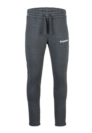 Graue Sweatpants aus weichem Material, mit einem elastischen Bund und einem Zugband, schmal zulaufenden Beinen und einem kleinen weißen Logo auf dem Oberschenkel.