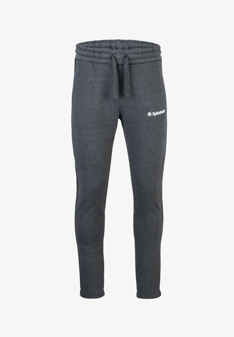 Graue Sweatpants aus weichem Material, mit einem elastischen Bund und einem Zugband, schmal zulaufenden Beinen und einem kleinen weißen Logo auf dem Oberschenkel.