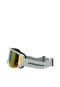Witte skibril met een geel getinte lens, zwarte bekleding en een grijze band met de tekst "SWEDEMOUNT". Lichtgewicht, ergonomisch ontwerp.
