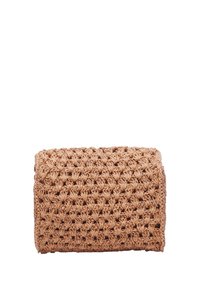 Geflochtene Strohtasche in einem hellbeigen Farbton mit einem strukturierten, offenen Strickmuster und rechteckiger Form. Verfügt über eine schlichte Bauweise.