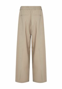 Beige weit geschnittene Hose mit einem elastischen Bund und zwei Gesäßtaschen. Glattes Material mit einer eleganten Verarbeitung und ohne sichtbare Muster.