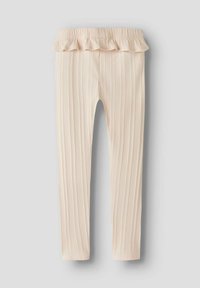 Lichtroze geribbelde leggings met een elastische tailleband met ruches. Zacht materiaal en een aansluitend ontwerp dat tot aan de enkels reikt.