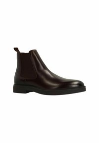 Braune Leder-Chelsea-Boots mit elastischen seitlichen Einsätzen, Zuglasche, runder Zehenpartie und flacher Gummisohle für Stabilität und Komfort.