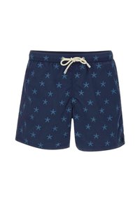 Pantalones de baño azul marino con un patr�ón de formas de estrella azul claro, cintura elástica con cordón beige y tejido ligero.
