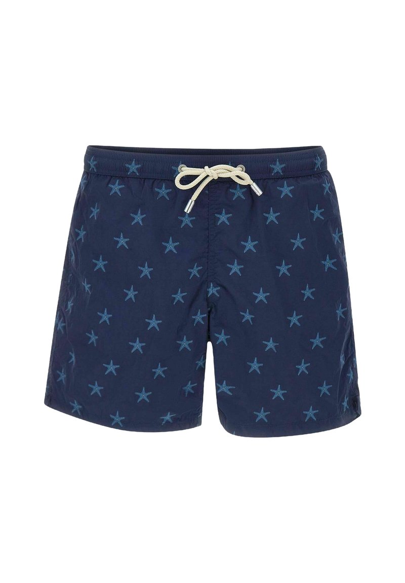 Pantalones de baño azul marino con un patrón de formas de estrella azul claro, cintura elástica con cordón beige y tejido ligero.