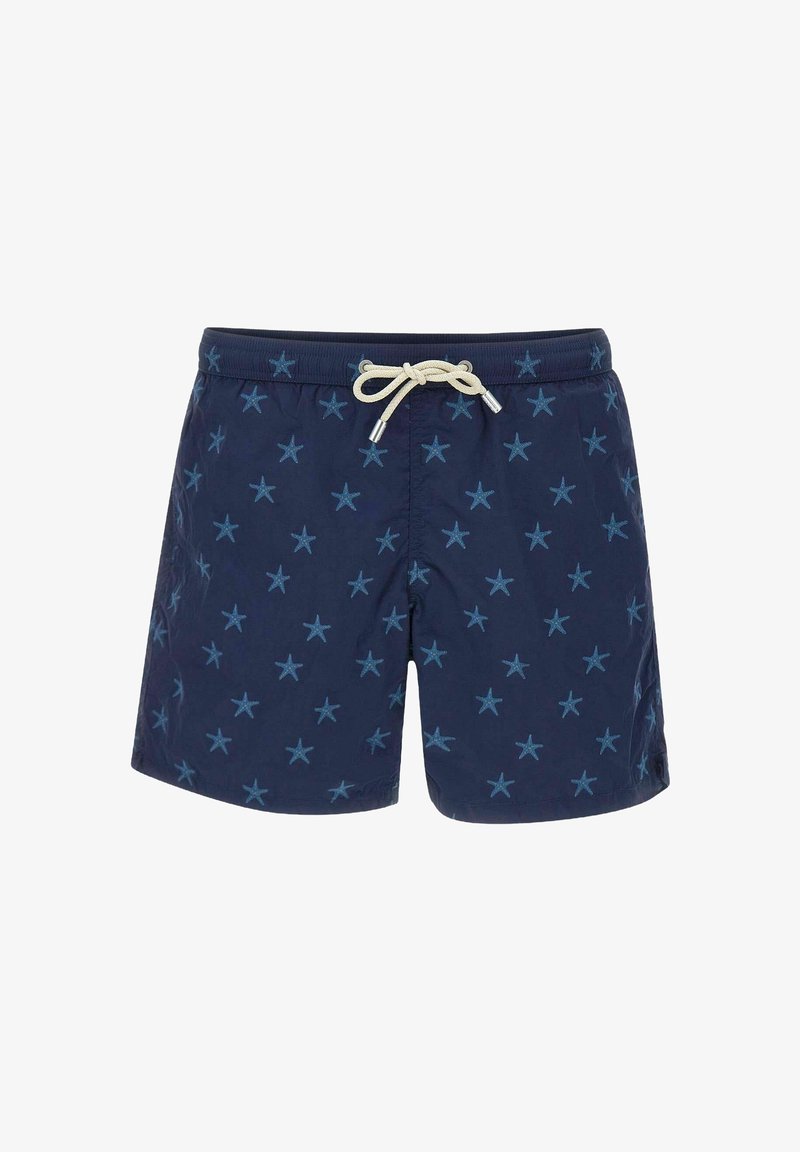 Pantalones de baño azul marino con un patrón de formas de estrella azul claro, cintura elástica con cordón beige y tejido ligero.