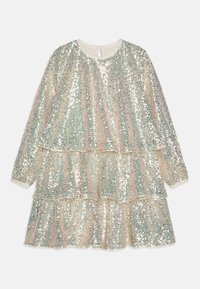 Robe à volants en sequins réfléchissants de couleurs pastel ; dotée de manches longues, d'un col rond et d'une fermeture en keyhole au dos.