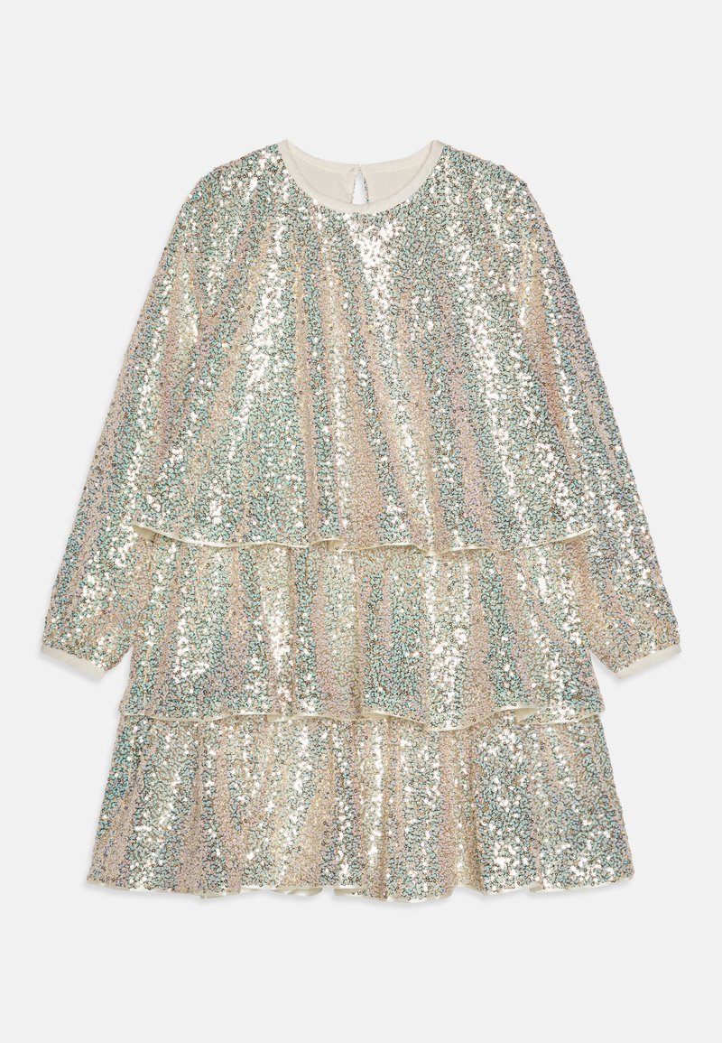 Robe à volants en sequins réfléchissants de couleurs pastel ; dotée de manches longues, d'un col rond et d'une fermeture en keyhole au dos.