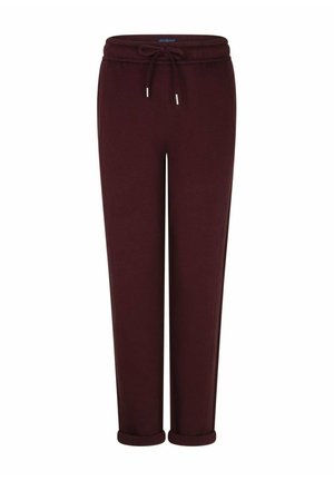 Donkerrode casual broek met een trekkoord in de taille en opgerolde pijpen, getoond tegen een witte achtergrond.