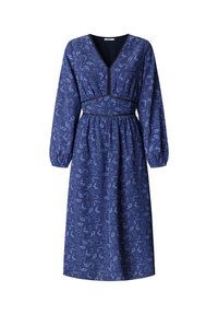 Vestito midi blu con maniche lunghe a sbuffo, scollatura a V, vita stretto e motivo floreale sobrio.