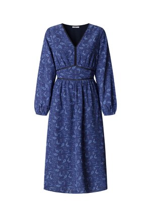 Blauwe midi-jurk met lange pofmouwen, V-hals, getailleerde taille en subtiel bloemmotief.