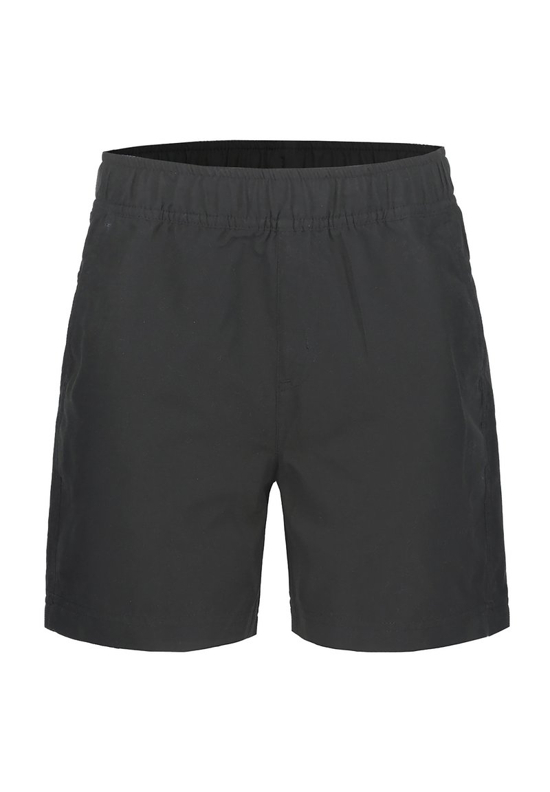 Pantaloni corti neri realizzati in tessuto leggero con vita elasticizzata e tasche laterali. Il design è semplice, senza loghi o fantasie visibili.