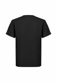 Černé tričko s krátkým rukávem z bavlny. Má klasický kulatý výstřih a hladká záda bez vzorů či ozdob.
