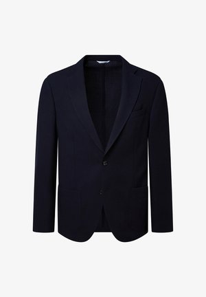 Navy blazer featuring a notched lapel, two front pockets, single button closure, and diagonal textured pattern.