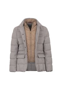 Grå pufferjakke med en brun indvendig foring, der har en krave, frontknapper og to sidelommer. Tekstureret stof med quiltet design.