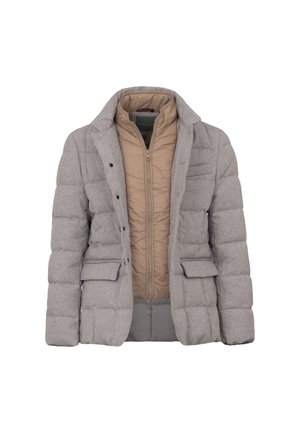 Giubbotto imbottito grigio con fodera interna marrone, dotato di colletto, bottoni frontali e due tasche laterali. Tessuto testurizzato con design trapuntato.