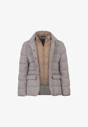Gray puffer jacket with a brown inner lining, featuring a collared neck, front buttons, and two side pockets. Textured fabric with a quilted design.