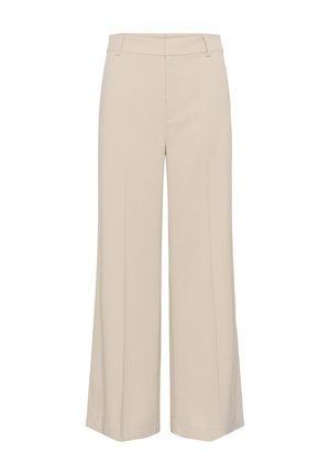 Bēša krāsas platām kājām bikses ar jostas cilpām, priekšējām krokām un slēptu priekšējo aizdari, piemērotas formālām vai biznesa drēbēm.