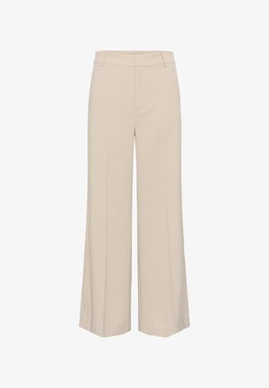 Bézs színű, széles szárú nadrág övfűzőkkel, elöl hajtással és rejtett elülső záródással, alkalmas formális vagy üzleti viseletre.