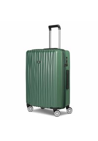 Valigia rigida verde con texture rigata, zip metallica, manico retrattile e quattro ruote girevoli, dotata di una maniglia laterale per il trasporto.
