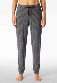 Gray pajama pants with a geometric diamond pattern, featuring an elastic waistband and a tied drawstring. Soft fabric with tapered leg.