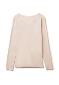 Béžové tričko s dlouhým rukávem a kulatým výstřihem, jednobarevný design, vystavené na plocho, ukazující zadní stranu na bílém pozadí.