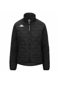 Giacca nera imbottita con colletto alto, chiusura con zip, polsini elastici e un piccolo logo bianco nella parte superiore sinistra del petto.