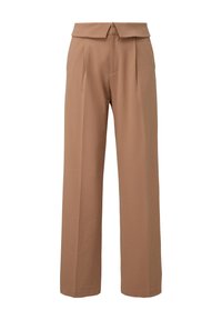 Pantalons à jambes larges en tissu brun clair, avec une taille haute, une ceinture repliée et des plis à l'avant pour un look tailleur.
