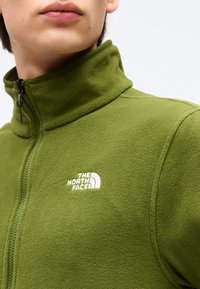 Κοντινό πλάνο ενός ατόμου που φοράει πράσινο φλις μπουφάν με όρθιο γιακά και το λογότυπο «The North Face» στο στήθος.