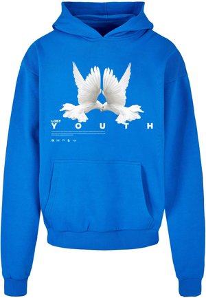 Un hoodie bleu en tissu doux. Il présente un graphique de deux colombes blanches ainsi que le texte « YOUTH PERDU » à l'avant, accompagné d'une poche kangourou.