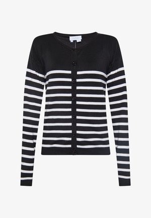 Czarny i biały sweter w paski wykonany z miękkiego materiału, z dekoltem w serek, długimi rękawami oraz rzędem czarnych guzików z przodu.