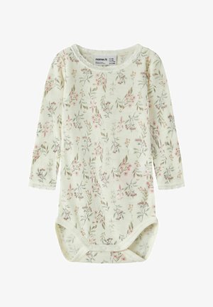 Body pour bébé à manches longues de couleur crème avec imprimé floral rose et vert, bords festonnés, et fermetures à pression à l'entrejambe.