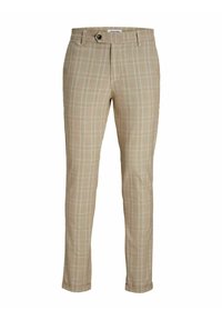 Pantalon beige ajusté avec un léger motif à carreaux, fermeture par bouton et fermeture éclair, passants de ceinture et ourlets retroussés.