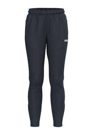 Schwarze, schmal geschnittene Sporthose mit elastischem Bund und kleinem weißen "Jako"-Logo am oberen rechten Oberschenkel.