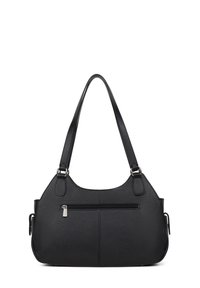 Borsa a tracolla in pelle nera con una silhouette curva, due spallacci e una tasca frontale con zip. Presenta cuciture sottili e hardware argento.