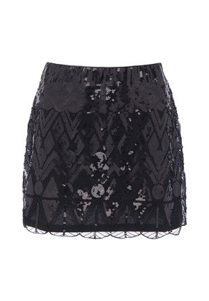 Minigonna nera con motivi geometrici di paillettes e orlo smerlato, con vita aderente e dettagli lucidi e intricati.
