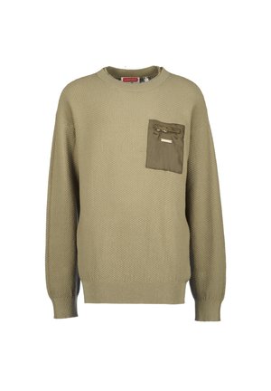 Suéter beige de punto texturizado con puños y dobladillo acanalados, que cuenta con un bolsillo en el pecho con cremallera de color verde oliva contrastante en el lado izquierdo.