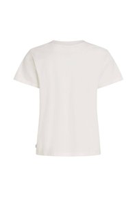 White cotton t-shirt with short sleeves and a crew neckline, featuring a plain design and no visible patterns or accents on the back.