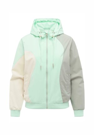 Jasnozielona kurtka z kapturem na pełnym przodzie zapinana na zamek, kremowy lewy rękaw, szary prawy rękaw, dwie boczne kieszenie oraz regulowane sznurki.