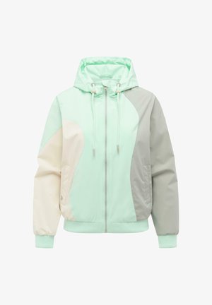 Jasnozielona kurtka z kapturem na pełnym przodzie zapinana na zamek, kremowy lewy rękaw, szary prawy rękaw, dwie boczne kieszenie oraz regulowane sznurki.