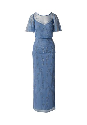 Modré floor-délkové šaty s průsvitnými krátkými rukávy, květinovou výšivkou s korálky a přiléhavým pasem.