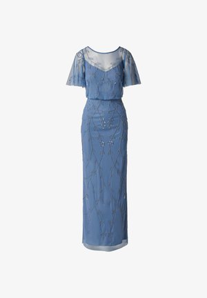 Niebieska sukienka sięgająca podłogi z przezroczystymi krótkimi rękawami, haftem z koralików o motywie kwiatowym oraz dopasowaną talią.